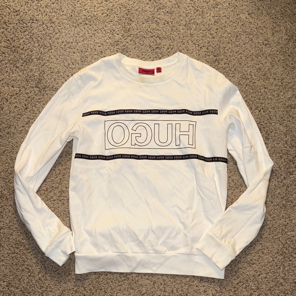 HUGO White Crewneck Sweatshirt with Black Logo Bands
